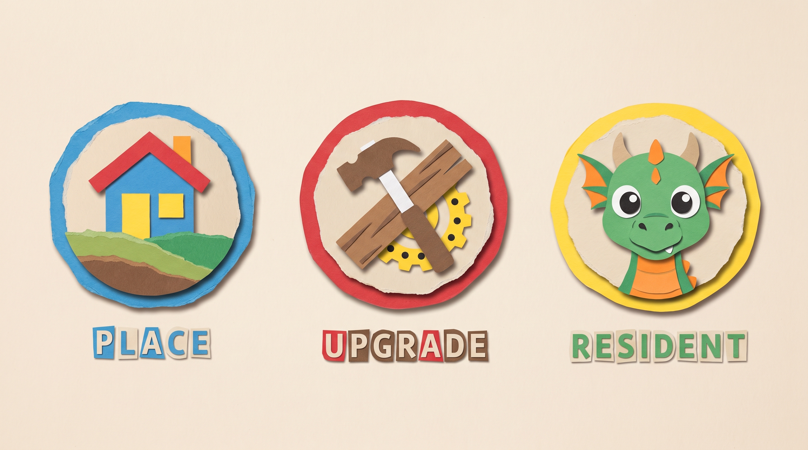 Paper cut-out collage style emblems